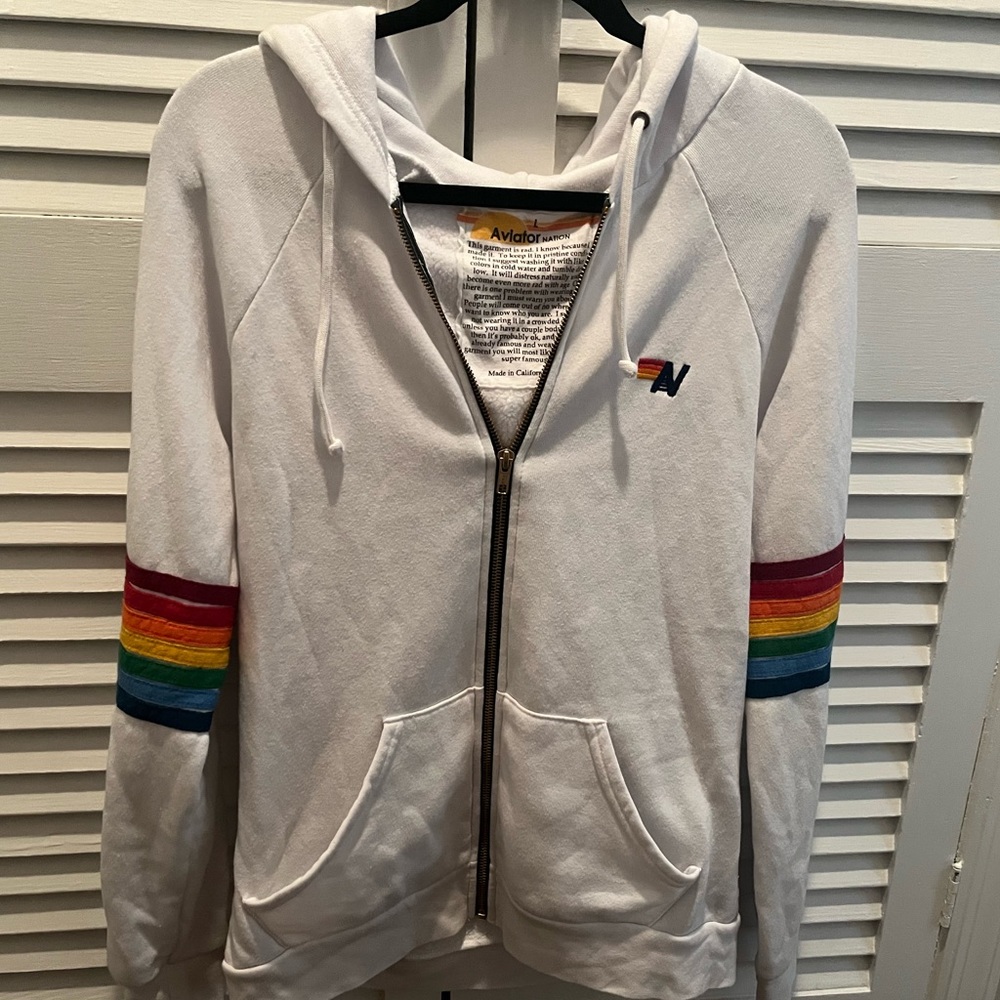Aviator Nation size Large white zip hoodie with rainbow striped sleeves like new